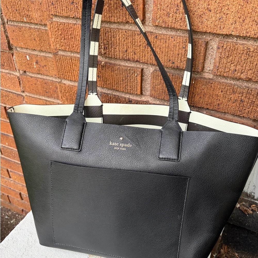 kate spade Black Leather Tote with Striped Interior